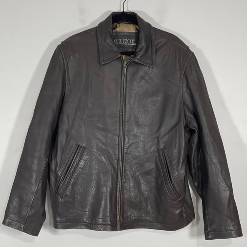 VTG Collezione Mens‎ Leather Jacket Dark Brown Full Zip 90s Biker Moto Grunge Lg
